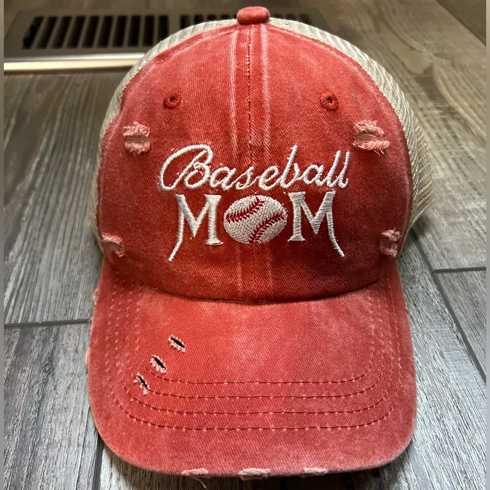 "Baseball Mom" Distressed Adjustable Ponytail Trucker Cap/Hat
